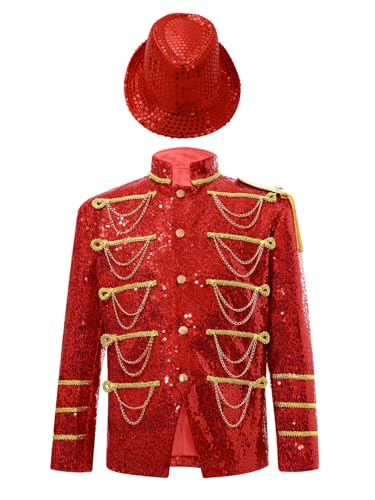 Linjinx Kinder Jungen Zirkus Kostüm Fahnenschwinger Ehrengarde Kostüm Set Langarm Pailletten Mantel Glitzer Jacke mit Fedora Hut Halloween Kostüm Rot 110-116 von Linjinx