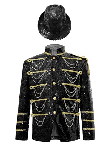 Linjinx Kinder Jungen Zirkus Kostüm Fahnenschwinger Ehrengarde Kostüm Set Langarm Pailletten Mantel Glitzer Jacke mit Fedora Hut Halloween Kostüm Schwarz 110-116 von Linjinx