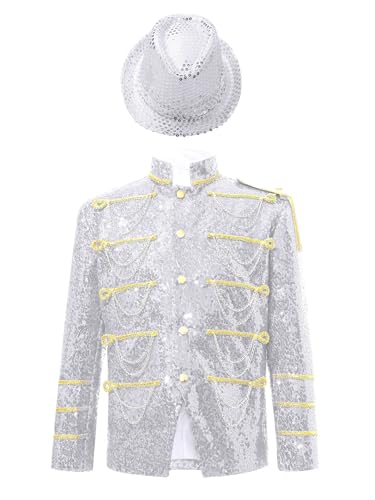 Linjinx Kinder Jungen Zirkus Kostüm Fahnenschwinger Ehrengarde Kostüm Set Langarm Pailletten Mantel Glitzer Jacke mit Fedora Hut Halloween Kostüm Silber 110-116 von Linjinx