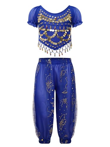 Linjinx Kinder Mädchen Bauchtanz Kostüm Pailletten Crop Top Bauchtanz Oberteil + Laterne Hose Tanzhose Haremshose Prinzessin Jasmin Kostüm Blau A 134-152 von Linjinx