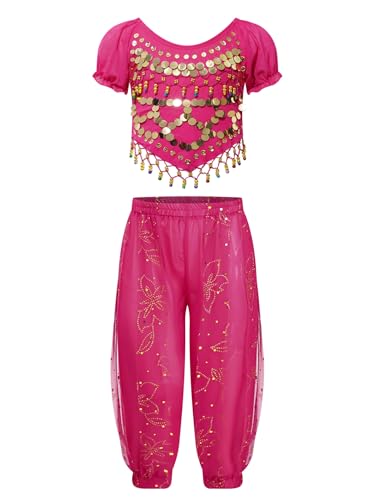 Linjinx Kinder Mädchen Bauchtanz Kostüm Pailletten Crop Top Bauchtanz Oberteil + Laterne Hose Tanzhose Haremshose Prinzessin Jasmin Kostüm Rosa A 116-128 von Linjinx