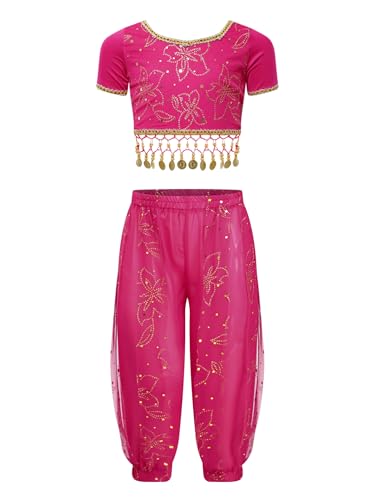 Linjinx Kinder Mädchen Bauchtanz Kostüm Pailletten Crop Top Bauchtanz Oberteil + Laterne Hose Tanzhose Haremshose Prinzessin Jasmin Kostüm S Rosa 98-110 von Linjinx