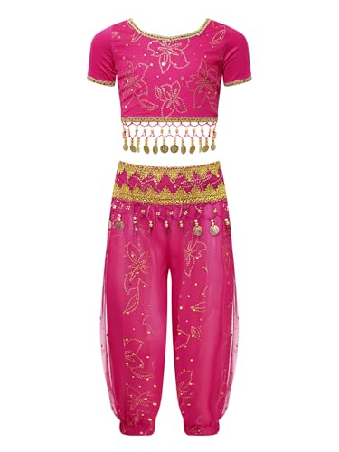 Linjinx Kinder Mädchen Bauchtanz Kostüm Pailletten Crop Top Bauchtanz Oberteil + Laterne Hose Tanzhose Haremshose Prinzessin Jasmin Kostüm T Rosa 92-98 von Linjinx