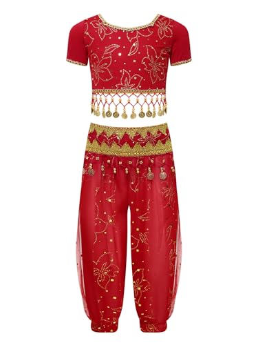 Linjinx Kinder Mädchen Bauchtanz Kostüm Pailletten Crop Top Bauchtanz Oberteil + Laterne Hose Tanzhose Haremshose Prinzessin Jasmin Kostüm T Rot 110-128 von Linjinx