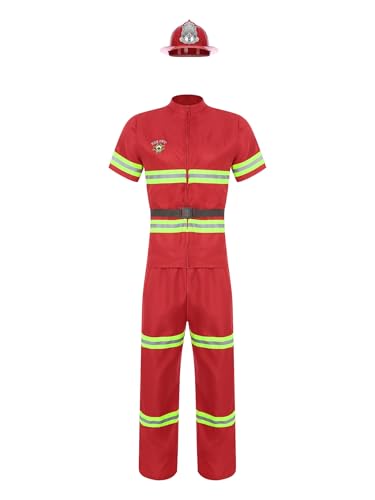 Linjinx Kostüm Feuerwehrmann Herren Feuerwehr Helm Firefighter Jacke Kurzarm Reflektierende Hose Komplettes Feuerwehrmann Kostüm Karneval Party Rot L von Linjinx