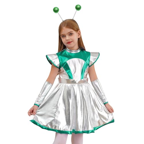 Linjinx Mädchen Alien Kleider mit Haarreif Handschuhe Weltall Holografischer Glitter Partykleid Kurzarm Farbblock Tanzkleider Disco Outfits Grün 134-140 von Linjinx