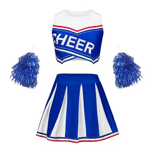 Linjinx Mädchen Cheer Leader Kostüm Cheerleading Sport Crop Top und Faltenrock Schulmädchen Tanz Outfit mit Glitzer Tanzblumen Blau 110-116 von Linjinx