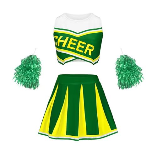 Linjinx Mädchen Cheer Leader Kostüm Cheerleading Sport Crop Top und Faltenrock Schulmädchen Tanz Outfit mit Glitzer Tanzblumen Grün 104-110 von Linjinx