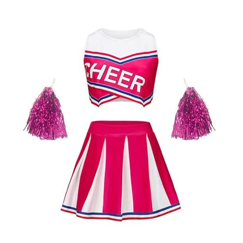 Linjinx Mädchen Cheer Leader Kostüm Cheerleading Sport Crop Top und Faltenrock Schulmädchen Tanz Outfit mit Glitzer Tanzblumen Hot Pink 104-110 von Linjinx