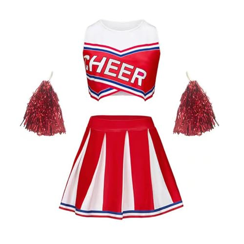 Linjinx Mädchen Cheer Leader Kostüm Cheerleading Sport Crop Top und Faltenrock Schulmädchen Tanz Outfit mit Glitzer Tanzblumen Rot 104-110 von Linjinx