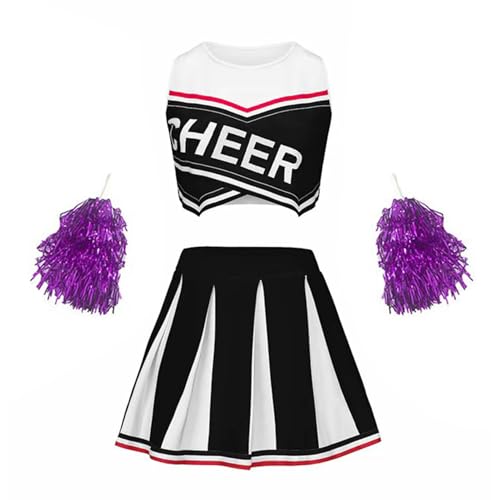 Linjinx Mädchen Cheer Leader Kostüm Cheerleading Sport Crop Top und Faltenrock Schulmädchen Tanz Outfit mit Glitzer Tanzblumen Schwarz 104-110 von Linjinx