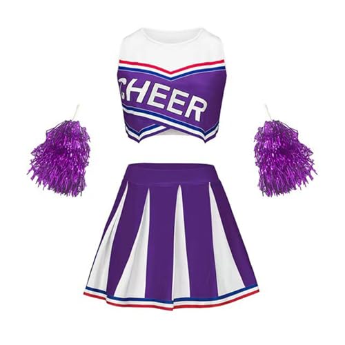 Linjinx Mädchen Cheer Leader Kostüm Cheerleading Sport Crop Top und Faltenrock Schulmädchen Tanz Outfit mit Glitzer Tanzblumen Violett 104-110 von Linjinx