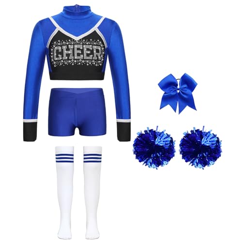 Linjinx Mädchen Cheer Leader Kostüm Set Langarm Cheerleading Crop Top Schulmädchen Handblumen Haargummi Strümpfe Karneval Party Outfit Blau 110-116 von Linjinx