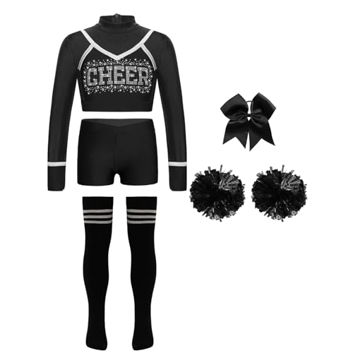 Linjinx Mädchen Cheer Leader Kostüm Set Langarm Cheerleading Crop Top Schulmädchen Handblumen Haargummi Strümpfe Karneval Party Outfit Schwarz 110-116 von Linjinx