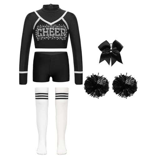 Linjinx Mädchen Cheer Leader Kostüm Set Langarm Cheerleading Crop Top Schulmädchen Handblumen Haargummi Strümpfe Karneval Party Outfit Schwarz-Weiss 110-116 von Linjinx