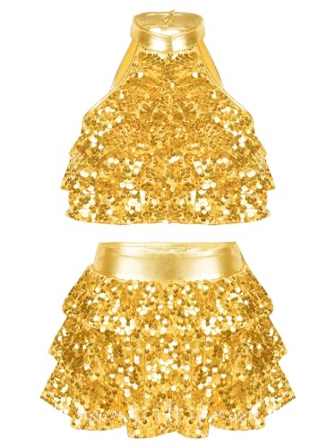 Linjinx Mädchen Tanzkostüm Pailletten Crop Top Glitzer Oberteil + Metallic Rock Tanzrock Glänzend Rave Outfit Hip Hop Tanzoutfit Tanzkleidung Gold 98-104 von Linjinx