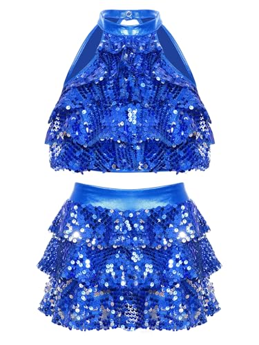 Linjinx Mädchen Tanzkostüm Pailletten Crop Top Glitzer Oberteil + Metallic Rock Tanzrock Glänzend Rave Outfit Hip Hop Tanzoutfit Tanzkleidung Königsblau 122-128 von Linjinx