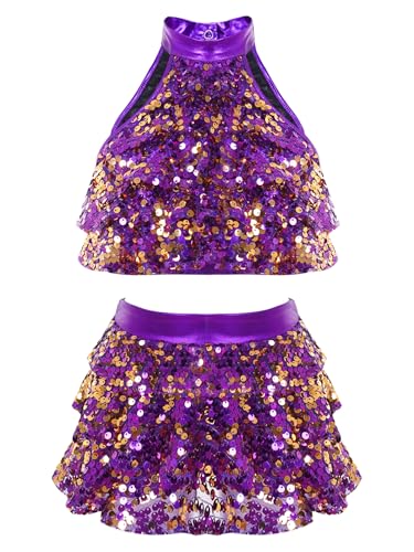 Linjinx Mädchen Tanzkostüm Pailletten Crop Top Glitzer Oberteil + Metallic Rock Tanzrock Glänzend Rave Outfit Hip Hop Tanzoutfit Tanzkleidung Violett 158-164 von Linjinx