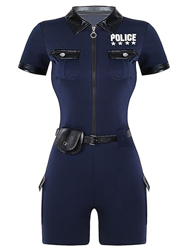 Linjinx Polizei Kostüm Damen Polizistin Uniform Bodysuit Kurzarm Jumpsuit Overall Einteiler Catsuit mit Gürtel Geldbörse Halloween Kostüm Cop Costume Navy blau L von Linjinx