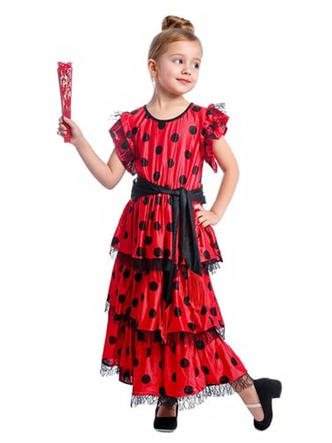 Linjinx Rot Flamenco-Tänzerin-Kostüm für Kinder Mädchen La Senorita Spanische Flamenco Kleid Stierkampf-Wettbewerb Übungsrock Partykleid Rot 122-128 Linjinx Rot Flamenco-Tänzerin-Kostüm für Kinder Mädchen La Senorita Spanische Flamenco Kleid Stierkampf-Wettbewerb Übungsrock Partykleid Rot 122-128 von Linjinx
