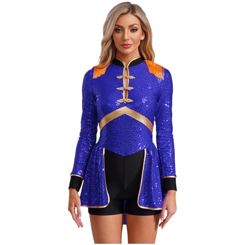 Linjinx Zirkus Kostüm Damen Zirkusdirektor Body mit Mini Rock Langarm Pailletten Zirkus Kleid mit Fransen Halloween Weihnachten Karneval Outfits Königsblau 4XL von Linjinx