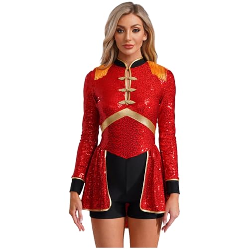 Linjinx Zirkus Kostüm Damen Zirkusdirektor Body mit Mini Rock Langarm Pailletten Zirkus Kleid mit Fransen Halloween Weihnachten Karneval Outfits Rot 3XL von Linjinx