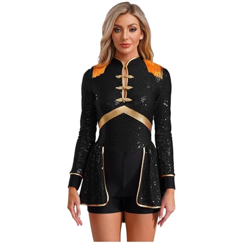 Linjinx Zirkus Kostüm Damen Zirkusdirektor Body mit Mini Rock Langarm Pailletten Zirkus Kleid mit Fransen Halloween Weihnachten Karneval Outfits Schwarz 4XL von Linjinx