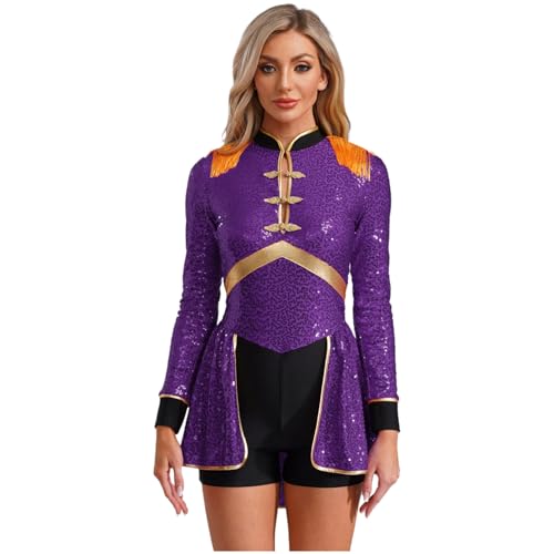 Linjinx Zirkus Kostüm Damen Zirkusdirektor Body mit Mini Rock Langarm Pailletten Zirkus Kleid mit Fransen Halloween Weihnachten Karneval Outfits Violett 3XL von Linjinx