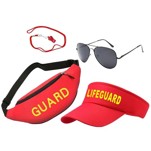 Sandlot Rettungsschwimmer-Kostüm-Set, Baywatch-Kostüm-Set, Sonnenbrille, Pfeifenschutz, Kostüm-Requisiten, Rettungsschwimmer-Kostüm-Set, inklusive Schutzhut, Sonnenbrille, Bauchtasche, Pfeife für von Liqzirtu