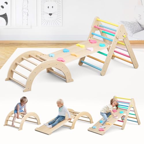 5-in-1-Regenbogendreieck-Klettergerüst für Kleinkinder, faltbares hölzernes Indoor-Kletterdreieck-Set mit Rampe und Bogen, Montessori-Kletterspielzeug-Spielgymnastik für Kinder von Lischwert