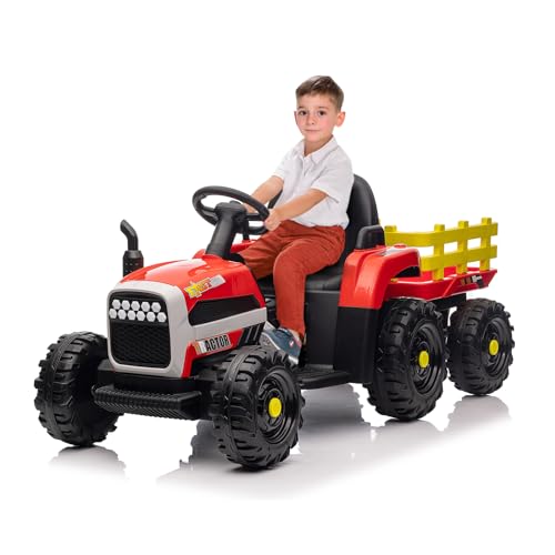 Elektrischer Traktor mit Anhänger, Kinder Aufsitztraktor mit Fernbedienung, Kinder Elektroauto mit LED Lichtern, Musik, Hupe & USB Funktionen, Kinderlast 50 kg, geeignet für Kinder ab 3 Jahren (Rot) von Lischwert