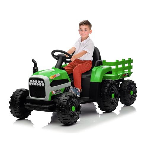 Elektrischer Traktor mit Anhänger, Kinder Aufsitztraktor mit Fernbedienung, Kinder Elektroauto mit LED Lichtern, Musik, Hupe & USB Funktionen, Kinderlast 50 kg, geeignet für Kinder ab 3 Jahren (Grün) von Lischwert