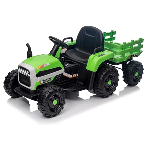 Kinder Elektro Traktor,12V 3-Gang Traktor mit abnehmbarem Anhänger und 2,4G Fernbedienung,Kinder Elektroauto mit LED Lichtern, Musik, Hupe & USB Funktionen,Maximale Belastung 50 kg(Grün) von Lischwert