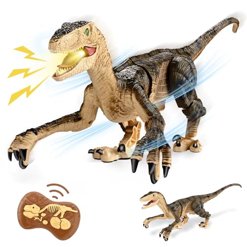 Lischwert Dinosaurier Spielzeug, Fernbedienung Dino Ferngesteuertes Velociraptor für Kinder, Realistische Gehbewegungen LED Leuchten Dinosaurier Gehen und Brüllen Realistische von Lischwert