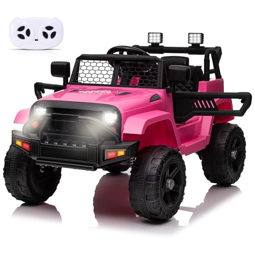 Lischwert Kinder Elektroauto, Kinder Auto Elektro 12V, 2.4G-Fernbedienung, 3.2-5.1km/h, Mit eingebautem Bluetooth-Lautsprecher, LED-Leuchten und Musik-Player（Rosa） von Lischwert