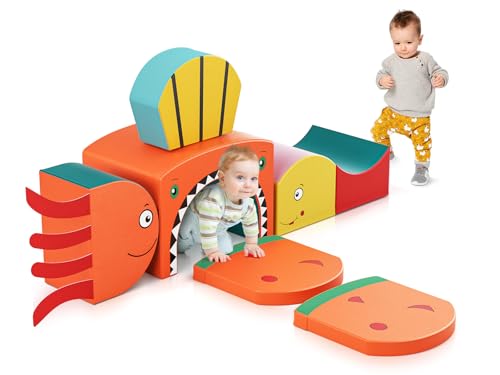 Lischwert Kinder Schaumstoff bausteine Baby-Kletterblöcke mit Hai-Thema, weiches Spielklettern für Kleinkinder mit faltbarem Block und Tunnel, Indoor-Kletterspielzeug, 6 Stück von Lischwert