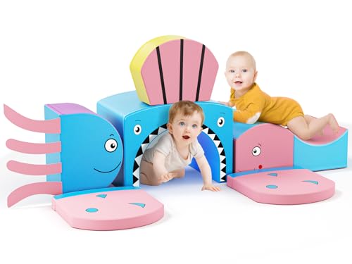 Lischwert Kinder Schaumstoff bausteine Baby-Kletterblöcke mit Hai-Thema, weiches Spielklettern für Kleinkinder mit faltbarem Block und Tunnel, Indoor-Kletterspielzeug , 6 Stück von Lischwert