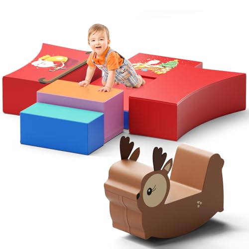 Lischwert Kinder Schaumstoff bausteine Weihnachtsthema, Baby-Kletterblöcke, weiches Spielklettern für Kleinkinder mit Hirsch, Schaukelpferd, Indoor-Kletterspielzeug für 1–3, 7 Stück von Lischwert