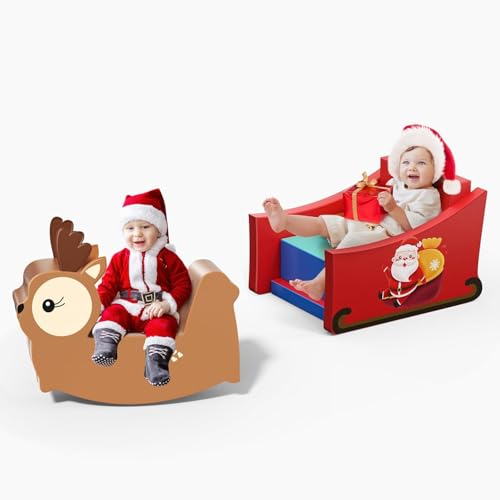 Lischwert Kinder Schaumstoff bausteine Weihnachtsthema, Baby-Kletterblöcke, weiches Spielklettern für Kleinkinder mit Hirsch, Schaukelpferd, Indoor-Kletterspielzeug für 1–3, 7 Stück von Lischwert