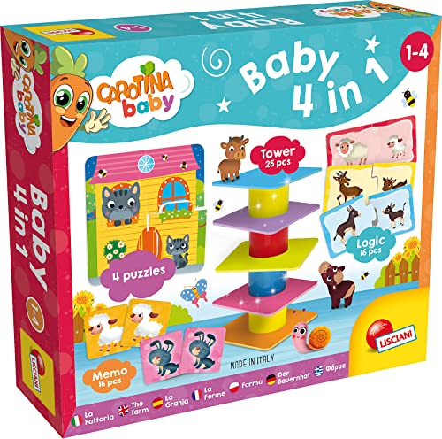 LISCIANI - Carotina Baby - 4-in-1 Spiele-Set für Kinder von 1-4 Jahren: Gleichgewichtsturm, 4 Puzzles, Memo, Logikspiele. Pädagogische Sammlung für umfassendes Lernen und Spielen von Liscianigiochi