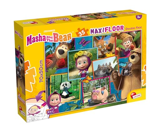 LISCIANI - MASCHA UND DER BÄR - MaxiFloor Puzzle 2-in-1 - 35 Teile- Für Kinder ab 3 Jahren -70x50cm - Doppelseitig zum Ausmalen von Masha & the Bear - Förderung der Geschicklichkeit und Kreativität von Liscianigiochi