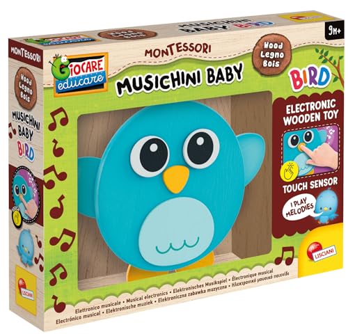 Lisciani - Montessori Baby Wood - Musik: Vogel - Sensorisches Musikspielzeug aus Holz für Babys ab 9 Monaten - Melodien und Lichter durch Tastsensoren - Sinneserweckung - Elektronisches Holzspielzeug von Lisciani