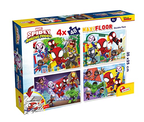 Lisciani - MARVEL Puzzle MAXIFLOOR Spidey Amazing Friends - 100378 - Puzzle Doppelseitig 4x48 Teile - Rückseite zum Ausmalen - Denk- und Geduldspiel - Lernspiel - Für Kinder ab 4 Jahren von Liscianigiochi