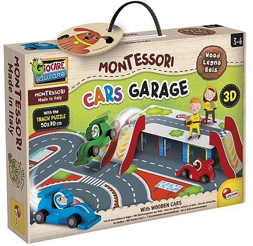 Lisciani - MONTESSORI - Garage für Autos - Fantasie- und Actionspiel - Holzautos - Garage und Rutsche 3D - Rennstrecke - Für Kinder von 1 bis 4 Jahren von Liscianigiochi