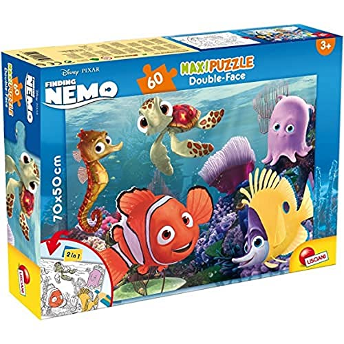 LISCIANI - DISNEY Puzzle 2 in 1 - Nemo - Riesiges Puzzle 70 x 50 cm mit 60 Teilen - Doppelseitig mit Rückseite zum Ausmalen - Für Kinder ab 3 Jahren - Filzstifte zum Ausmalen inklusive von Liscianigiochi