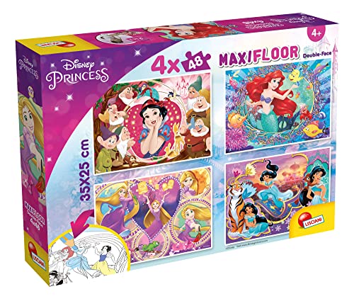 Lisciani - DISNEY - 4 Puzzles für Kinder ab 3 Jahren - 4 x 48 Teile - 2 in 1 Doppelseitig mit Rückseite zum Ausmalen - Disney Prinzessinnen - Hergestellt in Italien - 192 Teile von Liscianigiochi