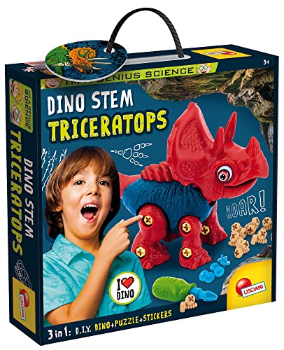 Liscianigiochi – I'M A GENIUS SCIENCE – Dinosaurier zum Zusammenbauen – Triceratops – Konstruktionsspiel – Puzzles und Aufkleber inklusive – Lern- und Wissenschaftsspiel – für Kinder ab 5 Jahren von Liscianigiochi