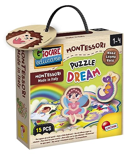 Lisciani - MONTESSORI WOOD Puzzle Dream - 15 Teile - Für Kinder ab 1 Jahr - 1 Märchenhaftes Puzzle mit 6 Holzfiguren - Fördert Logik, Motorik und Gedächtnis - Hergestellt in Italien von Liscianigiochi