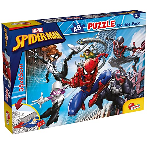 Liscianigiochi - Marvel Puzzle DF, 99627 - Doppelseitiges Puzzle M-Plus 48 Teile - Spiderman - 25x35 cm - Fördert Kreativität, Feinmotorik und Vorstellungskraft von Liscianigiochi