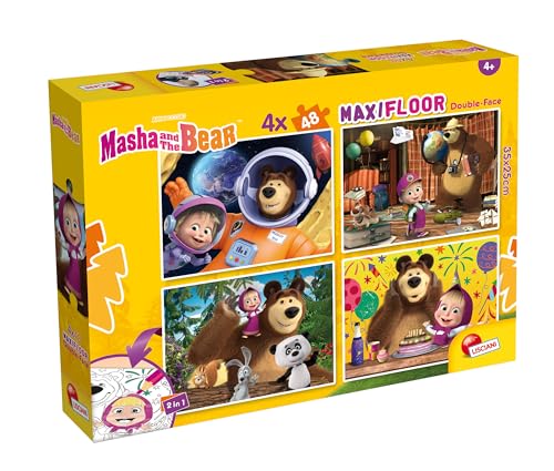 Lisciani - MASHA UND DER BÄR Maxi-Bodenpuzzle - 4 x 48 Teile - Für Kinder ab 4 Jahren - 25x35cm - Vier Puzzles Masha and the Bear mit doppelseitigem Malen - Entwickelt Reflexion und Geschicklichkeit von Liscianigiochi